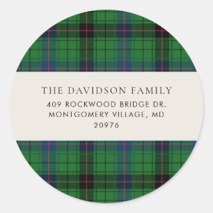 Rustic Plaid Tartan Green Custom Christmas Address Classic Round Sticker
