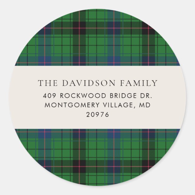 Rustic Plaid Tartan Green Custom Christmas Address Classic Round Sticker (Front)