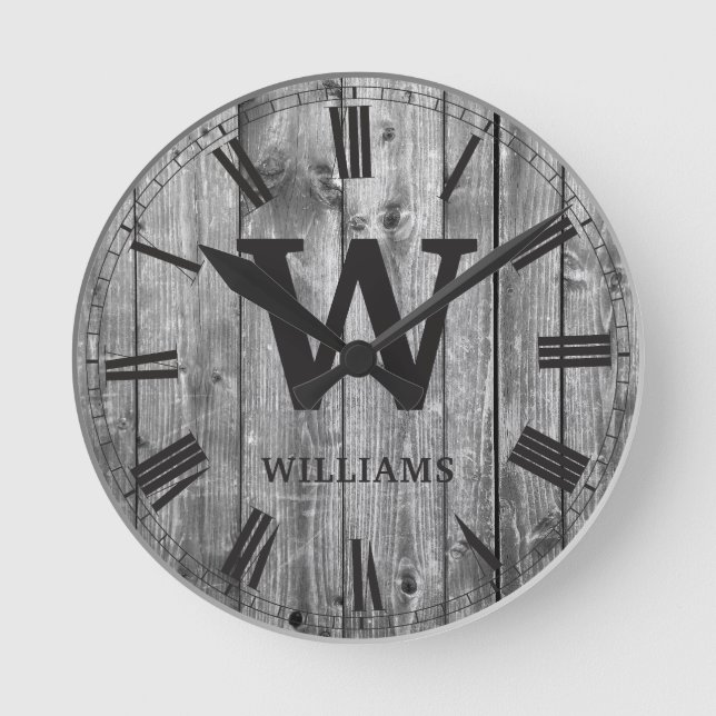 Rustic Planks Wood Custom Family Initial Farmhouse Round Clock (Front)