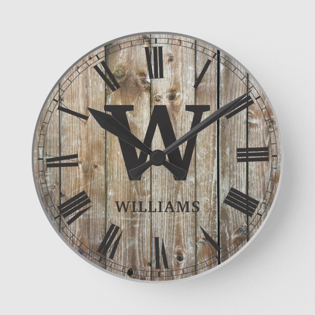 Rustic Planks Wood Custom Family Initial Farmhouse Round Clock (Front)