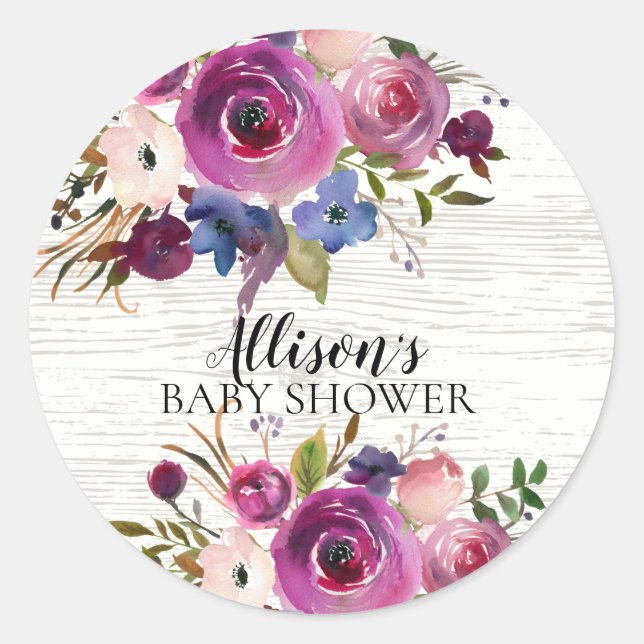 Rustic Plum Blue Floral Baby Shower Envelope Seal (Front)