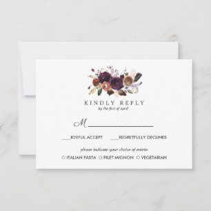 Rustic Plum Boho wedding RSVP MEAL option Card