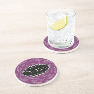 Rustic Plum Feather Pattern Wedding Coasters