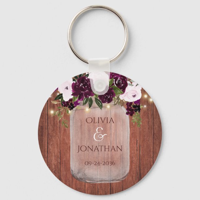 Rustic Plum Floral Mason Jar Lights Wedding Favour Keychain (Front)