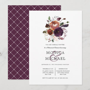 Rustic Plum Flowers + feathers Rehearsal Dinner Invitation