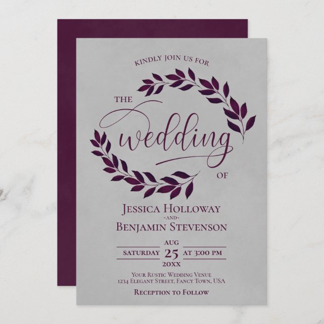 Rustic Plum Purple Leaves Elegant Grey Wedding Invitation (Front/Back)