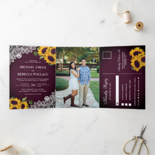 Rustic Plum Wood Lace Sunflower Wedding Photo Tri-Fold Invitation