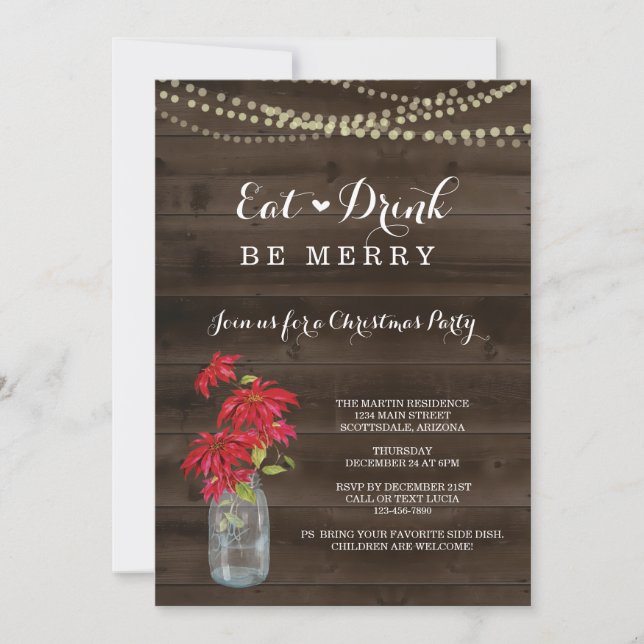 Rustic Poinsettia Christmas Party Invitation (Front)