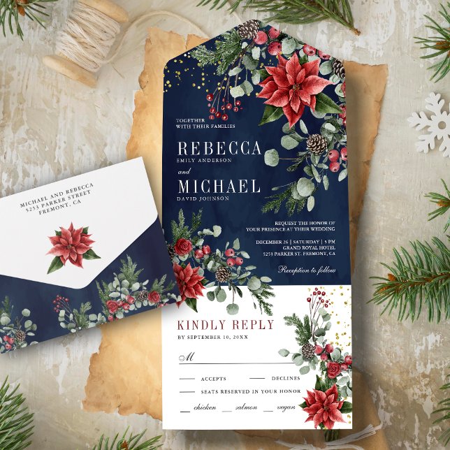 Rustic Poinsettia Floral Christmas Navy Wedding All In One Invitation (Creator Uploaded)