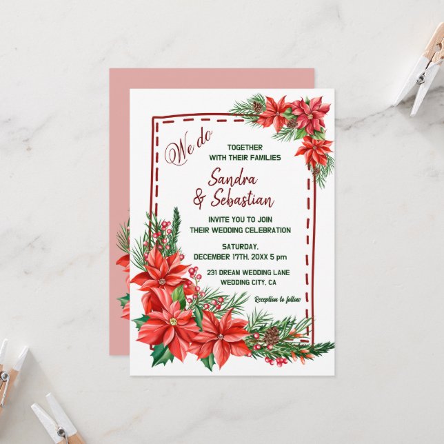 Rustic Poinsettia Floral red Christmas Wedding Invitation (Front/Back In Situ)