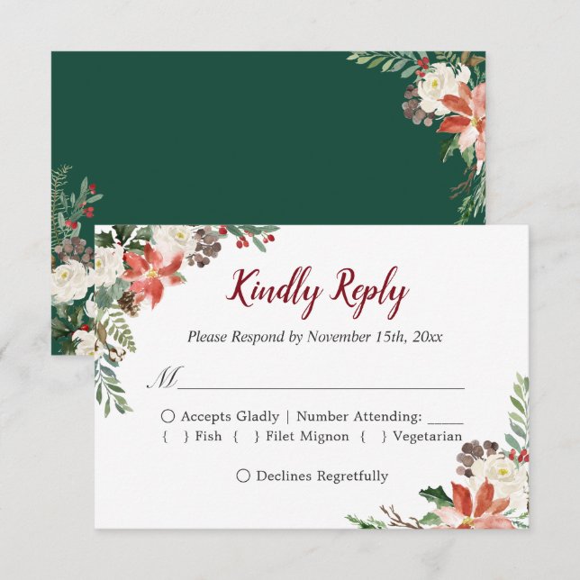Rustic Poinsettia Ivory Floral Holiday Season RSVP (Front/Back)