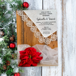 Rustic Poinsettia Lace Winter Rehearsal Dinner Invitation