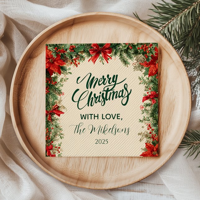 Rustic Poinsettia Pine Christmas Party Napkin (Creator Uploaded)