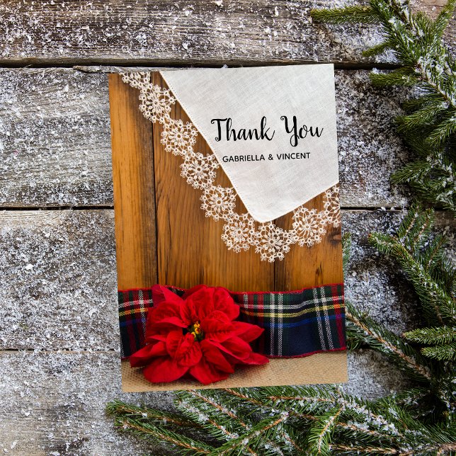 Rustic Poinsettia Plaid Winter Wedding Thank You Card (Show gratitude with this country Christmas thank you note card.)