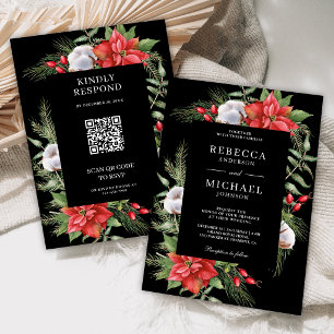 Rustic Poinsettia QR Code Christmas Black Wedding Invitation
