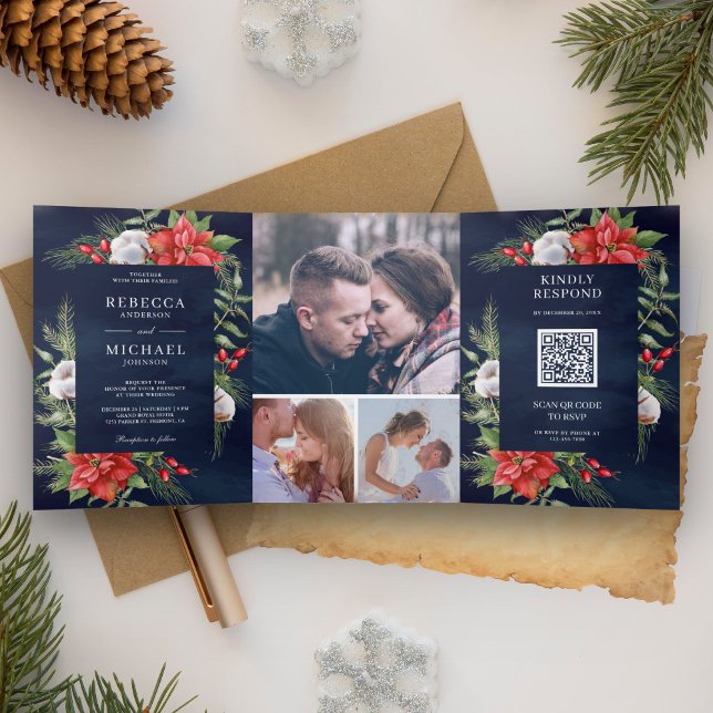 Rustic Poinsettia QR Code Christmas Navy Wedding Tri-Fold Invitation (Creator Uploaded)