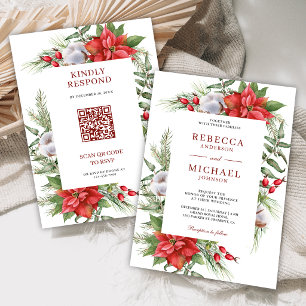 Rustic Poinsettia QR Code Christmas Wedding Invitation