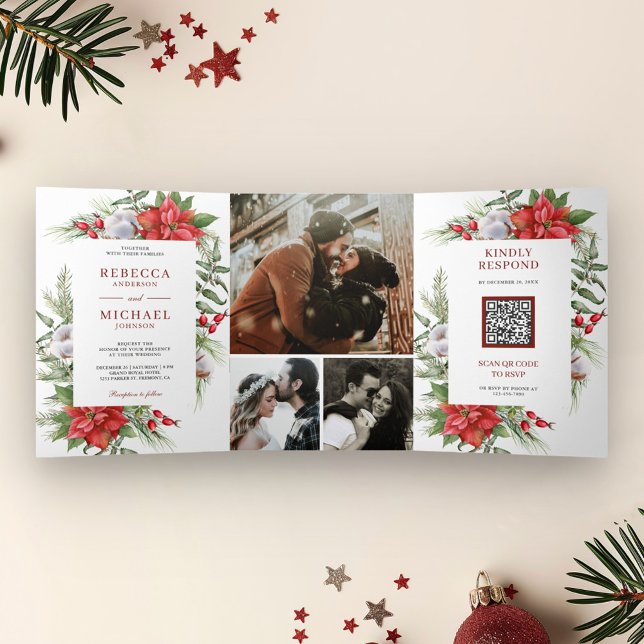 Rustic Poinsettia QR Code Christmas Wedding Tri-Fold Invitation (Creator Uploaded)