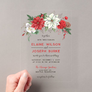 Rustic Poinsettia Winter Foliage Pine cone Wedding Acrylic Invitations