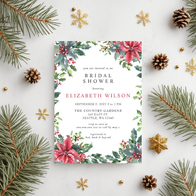 Rustic Poinsettias Holly Christmas Bridal Shower  Invitation (Rustic Poinsettias Holly Christmas Bridal Shower Invitation)