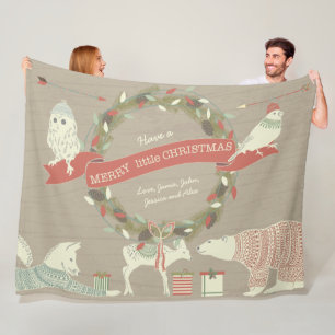 Rustic Polar Bear Fawn Fox Christmas Pattern Fleece Blanket