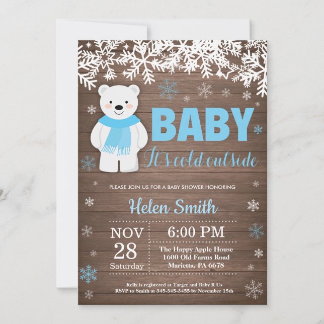Rustic Polar Bear Winter Boy Baby Shower Invitation (Front)