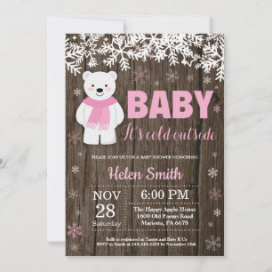 Rustic Polar Bear Winter Girl Baby Shower Invitation
