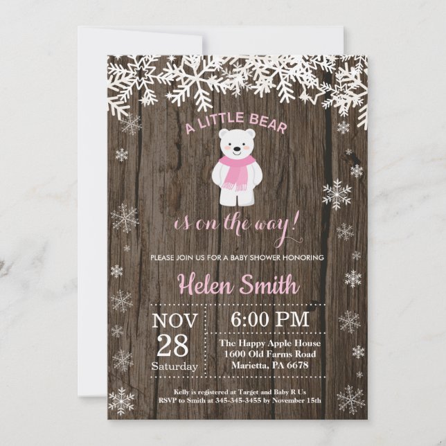Rustic Polar Bear Winter Girl Baby Shower Invitation (Front)