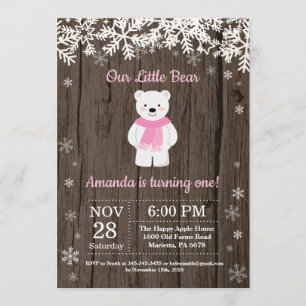 Rustic Polar Bear Winter Girl Birthday Invitation