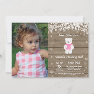 Rustic Polar Bear Winter Girl Birthday Photo Invitation