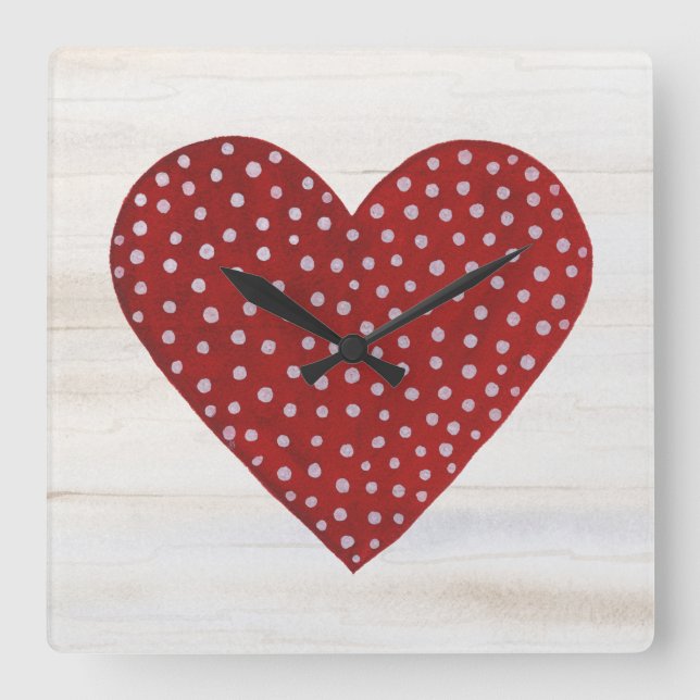 Rustic Polka Dot Valentine Heart Square Wall Clock (Front)