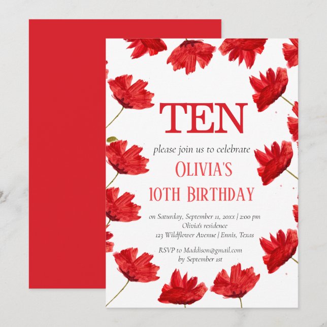 Rustic Poppy 10th Birthday Wildflower Red Floral Invitation (Front/Back)