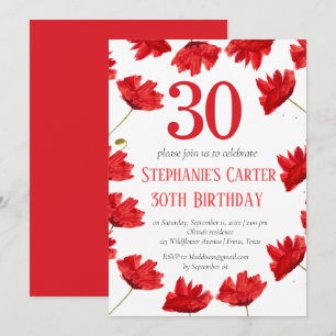 Rustic Poppy 30th Birthday Wildflower Red Floral Invitation