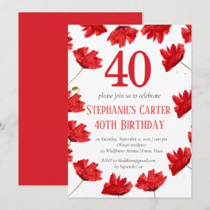 Rustic Poppy 40th Birthday Wildflower Red Floral Invitation