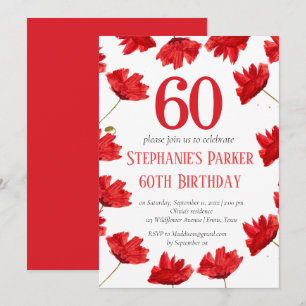 Rustic Poppy 60th Birthday Wildflower Red Floral Invitation