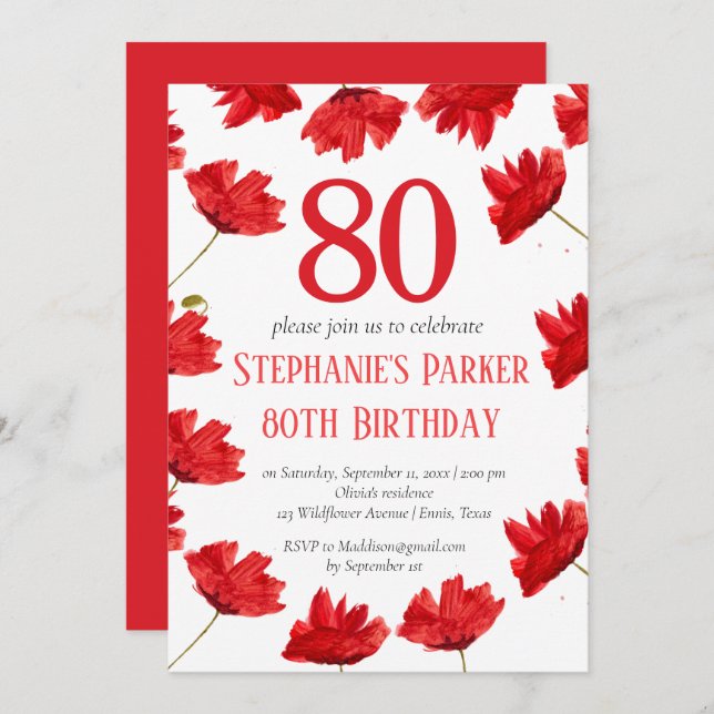 Rustic Poppy 80th Birthday Wildflower Red Floral Invitation (Front/Back)