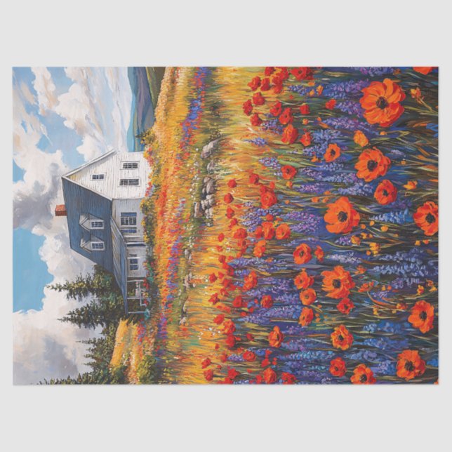 Rustic Poppy and Lupine Flower Field Decoupage Tissue Paper (Front)