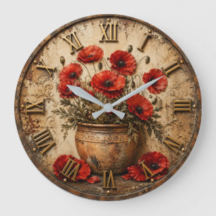Rustic Poppy Flower Vintage Floral Farmhouse Large Clock