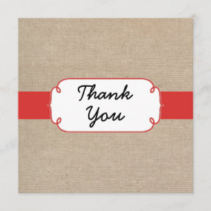 Rustic Poppy Red and Beige Burlap Thank You Card
