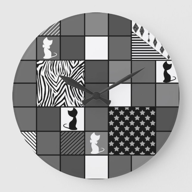 Rustic, Popular, Black and white, Patchwork, Simpl Large Clock (Front)