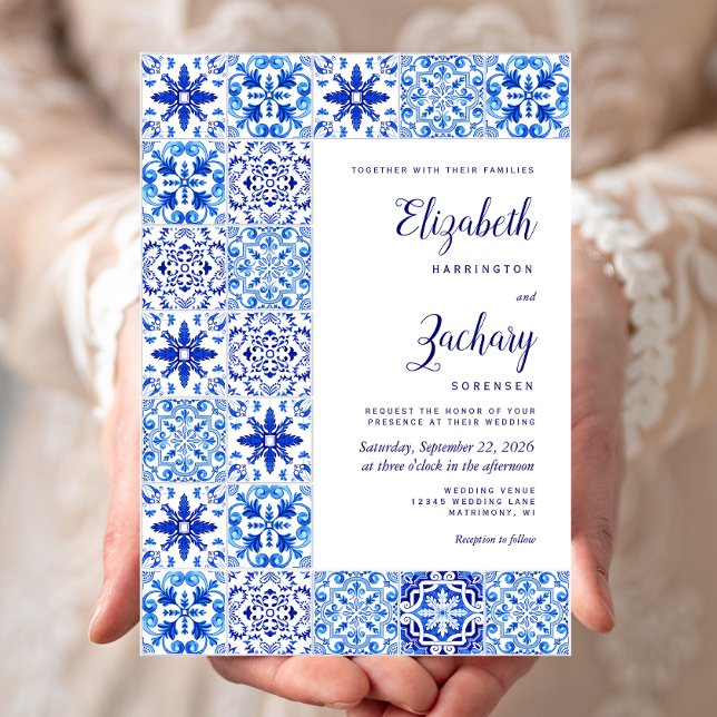 Rustic Portuguese Tile Blue White Wedding Invitation (Creator Uploaded)