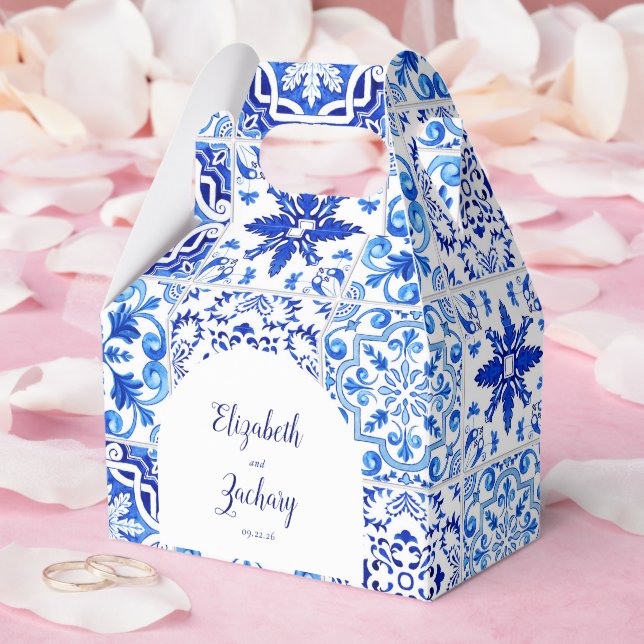 Rustic Portuguese Tiles Blue White Arch Wedding Favor Box (Wedding)