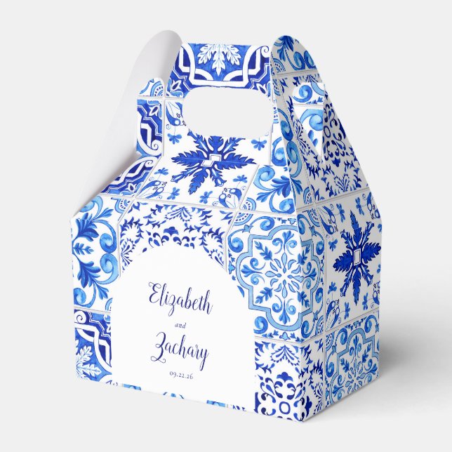 Rustic Portuguese Tiles Blue White Arch Wedding Favor Box (Front Side)