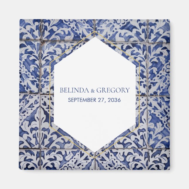 Rustic Portuguese Tiles Wedding Favour Magnet (Front)