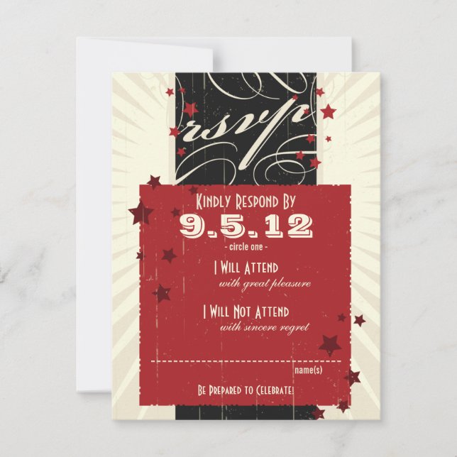 Rustic Poster: Red & Black Wedding RSVP Card (Front)