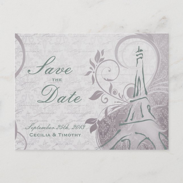 Rustic Poster: Subtle Teal & Purple Save the Date Announcement Postcard (Front)