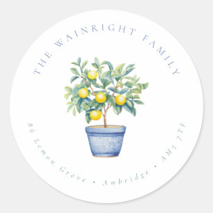 Rustic Potted Lemon Tree Family Return Address Classic Round Sticker