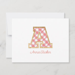 Rustic & Preppy "A" Pink Gingham on Wood Girly Card