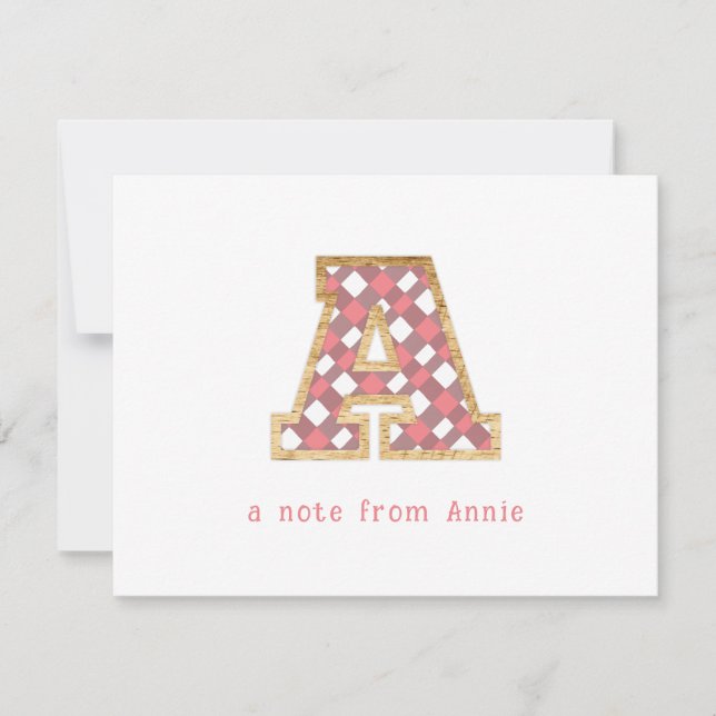 Rustic & Preppy "A" Pink Gingham on Wood Girly Card (Front)