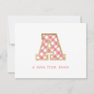Rustic & Preppy "A" Pink Gingham on Wood Girly Card
